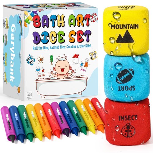 Garybank Bath Crayons for Toddlers, with 3 Prompt Dice, 12 Non-toxic Bathtub Crayons, Art Supplies for Toddlers and Kids, Smoothly Draw on Wet & Dry Tub, Tile and Walls, Bath Toys Bath Markers