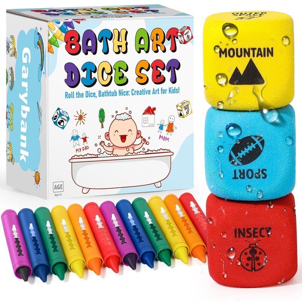 Garybank Bath Crayons for Toddlers, with 3 Prompt Dice, 12 Non-toxic Bathtub Crayons, Art Supplies for Toddlers and Kids, Smoothly Draw on Wet & Dry Tub, Tile and Walls, Bath Toys Bath Markers