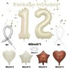 12 Cream White Balloons, 12 Number Balloons Set, Beige Number 12 Balloons, Brown Nude Sand White Foil Star Heart Balloons With Long Balloons For 12th Birthday Party 1st 2nd Baby Shower Decor