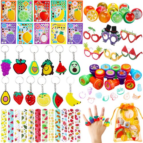 Blosssound 96 Pcs Fruit Party Favors Summer Fruits Theme Birthday Gifts Set Make a Fruit Sticker Stress Ball Slap Bracelet Glass Ring Keychain Stamper Gift Bag Piñata Fillers Classroom Prizes