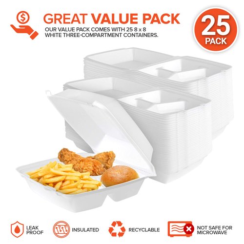Stock Your Home 8x8 Clamshell Take Out Boxes (25 Pack) Medium 3-Compartment Foam Food Containers Disposable Lunch Container, Restaurant Togo Trays with Hinged Lids for Takeout, Carryout, and Meal-Prep