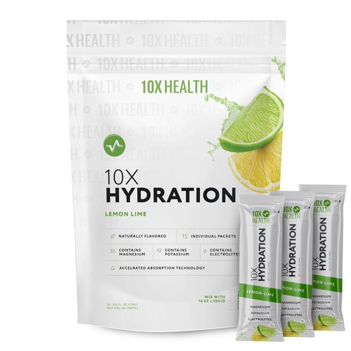10X Health Hydration Packets Lemon Lime Electrolyte Drink Mix Liquid 15 Stickpacks with Magnesium Citrate, Sodium & Potassium - Natural Flavored Electrolyte