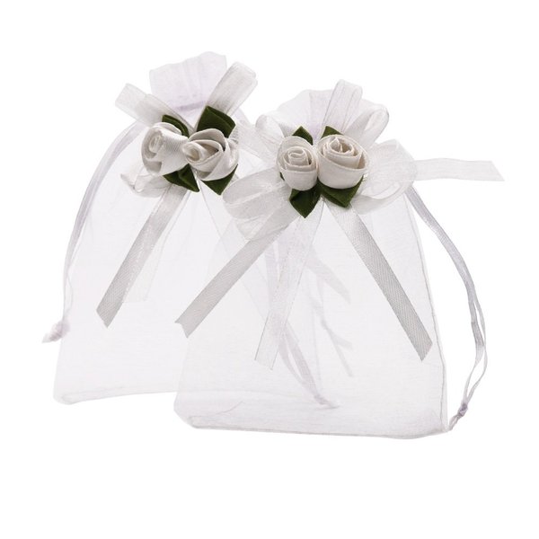 SumDirect Rose Organza Gift Bags - 50Pcs 4x5 inch White Wedding Favor Gift Bags, Jewelry Pouches with Drawstring for Party Wedding Christmas Valentine