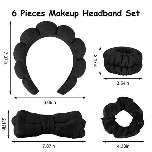 Ondder 6 Pcs Black Spa Headband and Wristband Set Makeup Spa Headband for Washing Face Bubble Skin Care Headbands Face Wash Sponge Puffy Headband Head Bands Hair Accessories for Women Girls