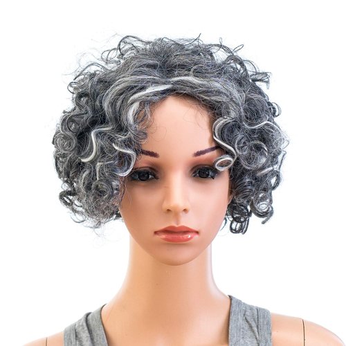 SWACC 12-Inch Old Lady Cosplay Granny Wig Short Grandmother Curly Wigs for Women with Wig Cap (Silver Gray)