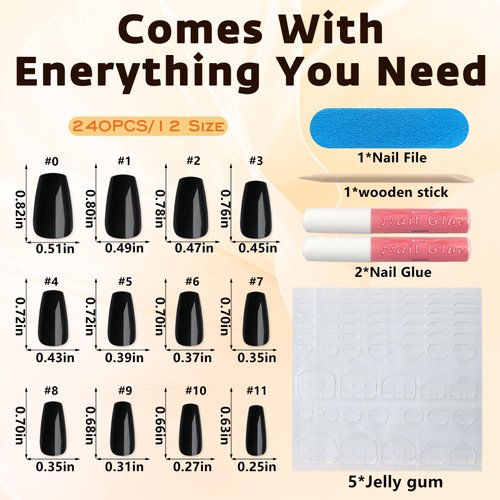 Bellelfin Coffin Press on Nails Short, 240Pcs Ballerina Black Fake Nails Kit Full Cover Acrylic Press on Nail with Glue Glossy Coffin Nails Press on False Nails for Women Girls Fingernails Artificial