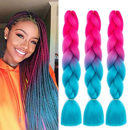 YUDAOHAIR 3 Pcs/Lot Braiding Hair Extensions for Women High Temperature Synthetic Ombre Jumbo Braids Hair for Twist Crochet Braiding Hair (24 Inch, peach red-lake blue)