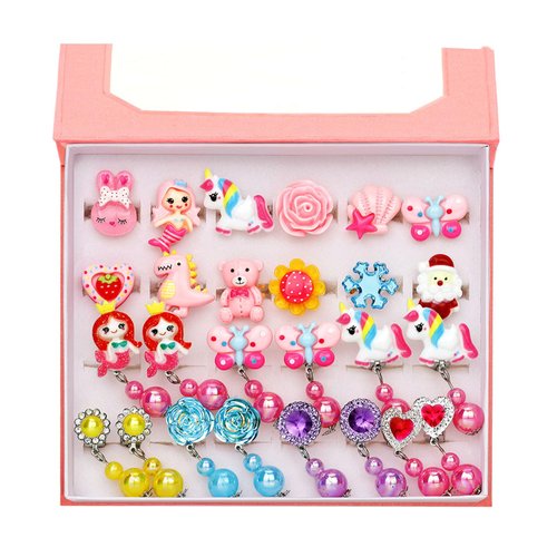 32-IN-1 Little Girls Jewelry Rings, Adjustable Toddler Ring in Box with 7 Pairs Clip On Earring, No Duplication Princess Dress Up Toy for Kids, Gift for 3 4 5 6 7 8 9 Year Old Girl Birthday Xmas Gifts