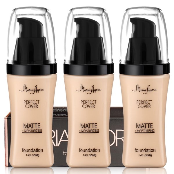 MARIA AYORA Triple Pack of Liquid Matte Foundation Makeup, Oil Control & Full Coverage Foundation, Moisturizing & Lightweight Formula, Vegan & Cruelty-Free, 1.4fl oz Per Bottle (03 Porcelain)