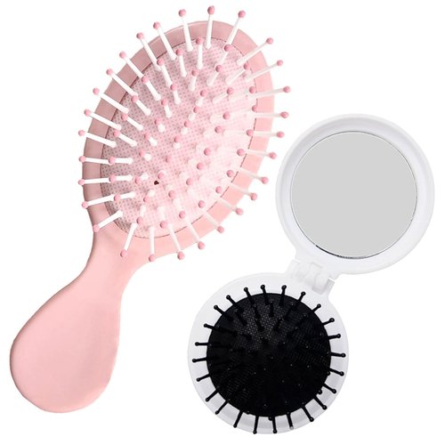MENFENG Mini hair brush，2pck travel hair brush,Contains a folding hair brush and a compact hair brush，With Ultra-Soft Bristles Glide Through Tangles with Ease,For All Hair Types (Pink+White)