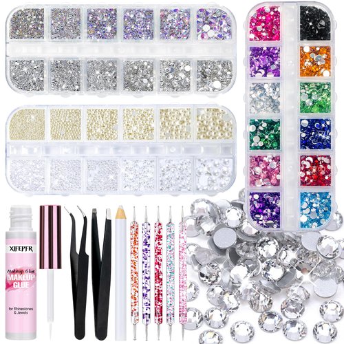 XIFEPFR 7159Pcs Face Gems Eyes Jewels with Makeup Glue, Flatback Colorful Rhinestone, Crystal AB&Clear Gems, White&Beige Pearls with Tweezers Dotting Tools for Face Makeup, Nail Art, Craft Decorations