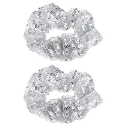 FRCOLOR 2pcs Sequin Hair Scrunchies Sparkle Elastics Hair Ties Glitter Ponytail Holder for Daily, Christmas, Party (Silver)