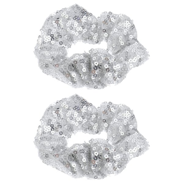 FRCOLOR 2pcs Sequin Hair Scrunchies Sparkle Elastics Hair Ties Glitter Ponytail Holder for Daily, Christmas, Party (Silver)