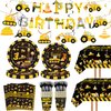 132 Pcs Construction 3rd Birthday Party Supplies Dump Truck Theme Three Tableware Includes Hanging Swirl, Banner, Plates, Cups, Tablecloth for Boys Construction Three Years Old Bday Party Decorations