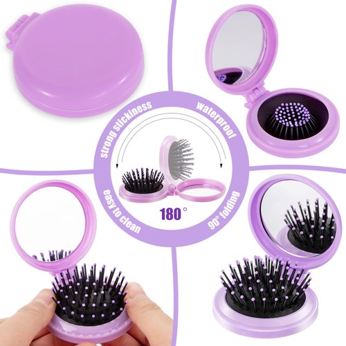 10 Pcs Folding Pocket Hair Brush with Mirror and Round Mini Comb for Travel (5 Colors) - Unisex