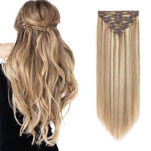 Double Weft 100% Remy Human Hair Extensions Clip in Grade 7A Quality Full Head Thick Thickened Long Short Straight 8pcs 18clips 10" / 10 inch 110g #12/613 Light Brown mix Bleach Blonde
