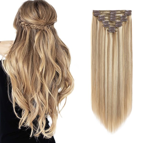 Double Weft 100% Remy Human Hair Extensions Clip in Grade 7A Quality Full Head Thick Thickened Long Short Straight 8pcs 18clips 10" / 10 inch 110g #12/613 Light Brown mix Bleach Blonde