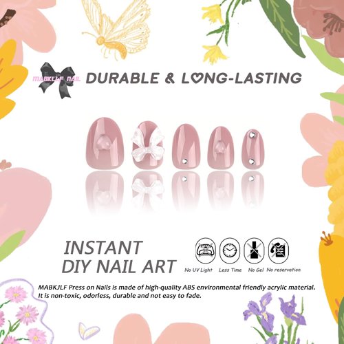 Cute Press on Nails Short Almond Petite Fake Nails Pink Full Cover 5D Bow Heart Charm False Nails with Designs Rhinestones Glossy Glue on Nails Cute Acrylic Artificial Nails for Women Girls 24Pcs