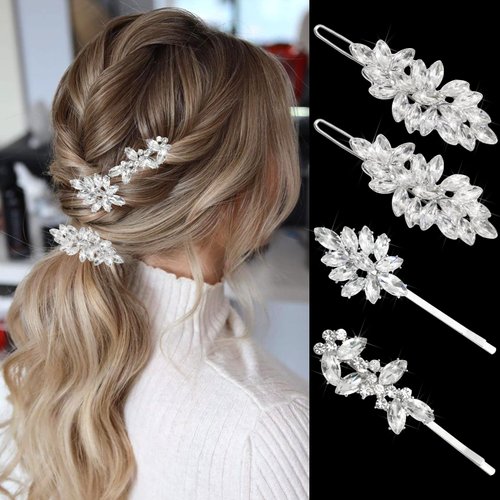 VENOFEN 4PCS Rhinestone Hair Clips Flower Leaf Crystal Clips for Women Bridal Hair Barrette Sparkly Bobby Pins Metal Wedding Hair Pieces for Brides Silver Hair Accessories
