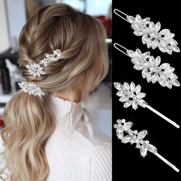 VENOFEN 4PCS Rhinestone Hair Clips Flower Leaf Crystal Clips for Women Bridal Hair Barrette Sparkly Bobby Pins Metal Wedding Hair Pieces for Brides Silver Hair Accessories