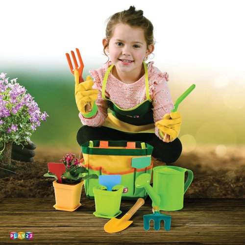 Play22 Kids Gardening Tool Set 12 PCS - Kids Gardening Tools Shovel Rake Fork Trowel Apron Gloves Watering Can and Tote Bag, Toddler Gardening Tools for Kids Best Outdoor Toys Gift for Boys and Girls