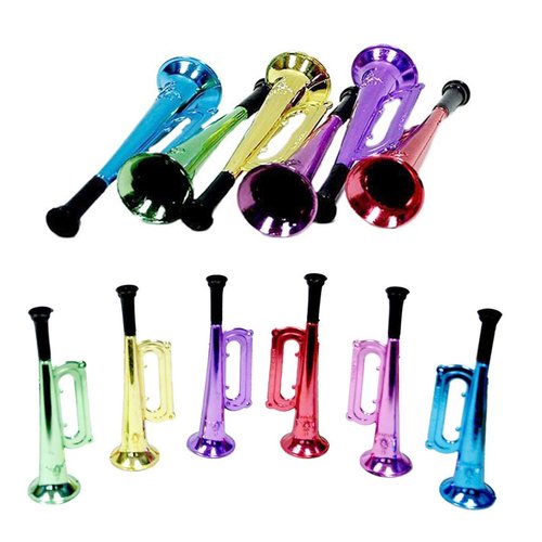 Kicko Metallic Trumpet Toys - 12 Pack - Assorted Colors - Shiny Plastic Blow Horn for Kids, Party Favor, Music Class, Pretend Play, Stage Props, 6 Inches
