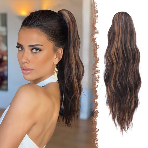 FESHFEN Ponytail Extensions, Long Claw Clip in Ponytail Hairpiece Synthetic Pony Tails Hair Piece Natural Wavy Hairpieces for Women, 20 inch Black & Caramel Brown