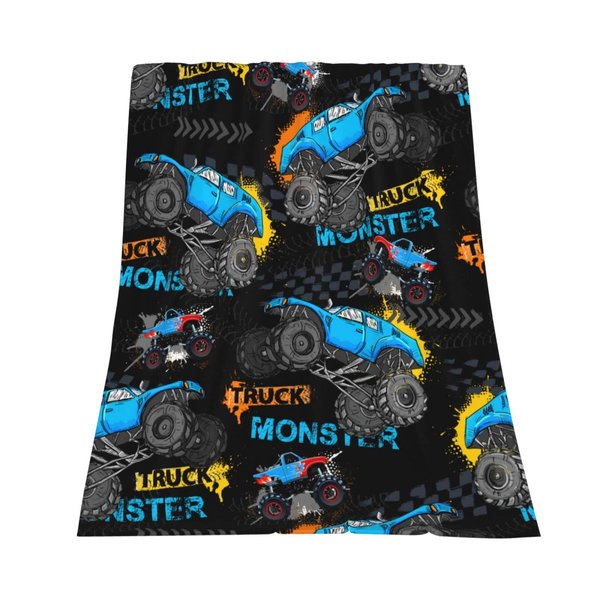 Monster Cartoon Truck Throw Blanket Car Gift for Boys Kids Bedding Room Decor Flannel Blankets Microfiber Soft Warm for Couch Sofa Bed Livingroom Beach Travel 60"x50"