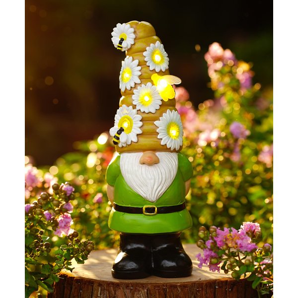 Qeeman Solar Garden Statues Gnome Figurine: Loving Gnome with Bee Outdoor Decorations Art for Patio Balcony Lawn Yard