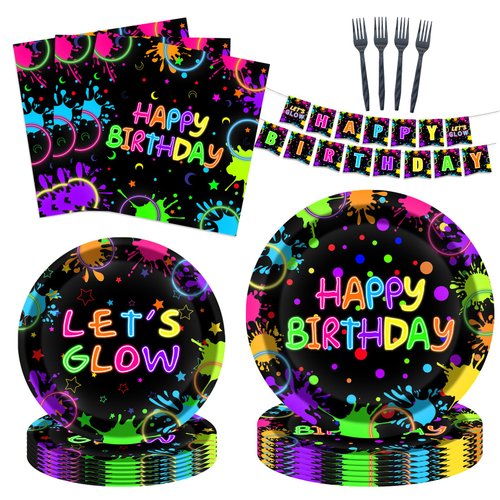 Glow Neon Party Supplies Kit for 24 Guests - 97 Pcs Including Plates, Forks, Napkins, Bunting - Ideal for Blacklight Neon-Themed Parties
