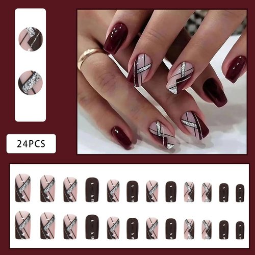 Medium Press On Nails, Acrylic Nails Press on, Medium Length Press On Nails Fake Nails Square Liquor Red False Nails with Glitter Line Press ons Designs Artificial Stick on Nails for Women 24Pcs