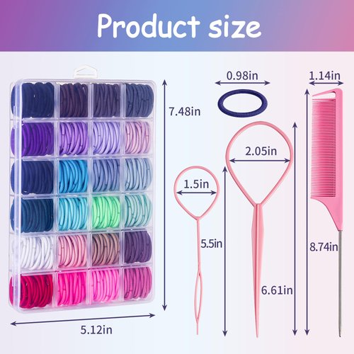 360PCS Hair Accessory Set: Elastic Ponytail Holders, Clear Organizer Box, Rat Tail Comb, 24 Colors for Kids, Toddlers, and Girls
