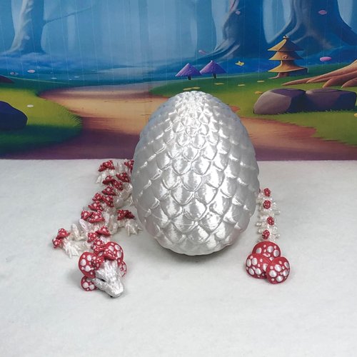 Generic 3D Printed Dragon Mushroom Dragon with Dragon Egg, Articulated 12"" White and RED Dragon, Figurine Fidget Toy, Executive Desk Toy D036