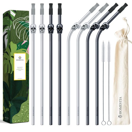 Homestia 8Pcs Reusable Straws Metal straws, 10.5" Stainless Steel Straws Drinking Reusable Cocktail Straws, Cool Drinking Straws Tumbler Straws, 4 Straight 4 Bent W/Soft Bag&Cleaning Brush