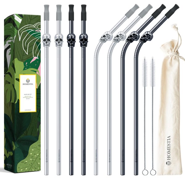 Homestia 8Pcs Reusable Straws Metal straws, 10.5" Stainless Steel Straws Drinking Reusable Cocktail Straws, Cool Drinking Straws Tumbler Straws, 4 Straight 4 Bent W/Soft Bag&Cleaning Brush