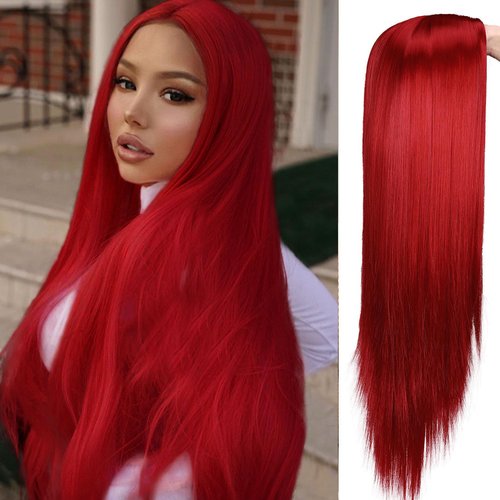 Lady Hanne Long Red Wigs Silky Straight Middle Part Mermaid Red Wig for Women Heat Resistant Synthetic Hair Red Wigs for Daily Party Cosplay