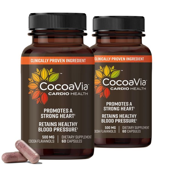 CocoaVia Cardio Health Supplement, 60 Day, 500mg Cocoa Flavanols, Support Heart Health, Boost Nitric Oxide, Blood Circulation, Energy, Vegan, Dark Chocolate, 120 Capsules