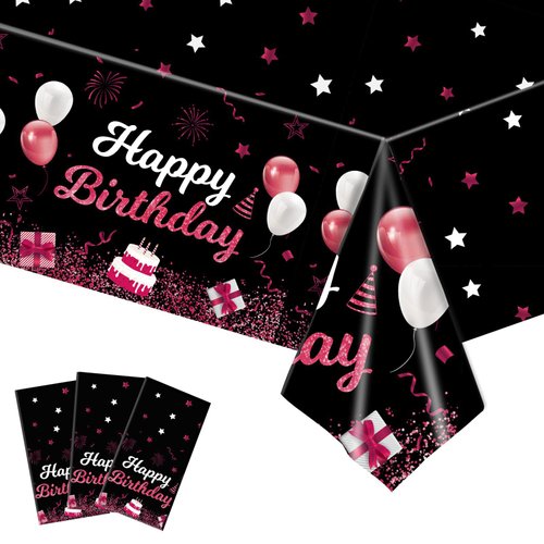 MRJ Black Party Supplies 3 Pack Pink and Black Stars Happy Birthday Tablecloths - Perfect Decorations for Kids' Birthday Parties and Baby Showers (54"x108")