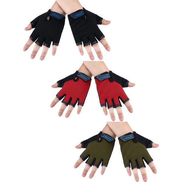 3 Pairs Kids Bike Gloves Half Finger Gloves MTB Road Sport Gloves Anti-Slip Gel Gloves for Children Cycling Biking Breathable Gloves (Black, Army Green, Red, 6-10 Years)