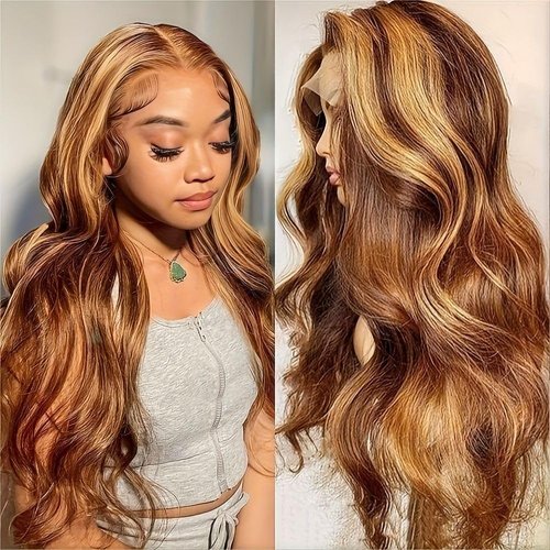 VJOJKMNK Balayage Highlight Lace Front Wigs Human Hair Pre Plucked 4/27 Ombre 13x6 HD Lace Body Wave Lace Wigs Human Hair 180% Density 100% Unprocessed Human Hair Wig For Black Women 24inch