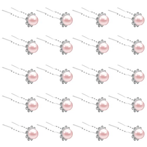 QIUTIMIY 20 Pack (Pink) Pearl Crystal Hair Pins Flower Rhinestone Hair Clips for Bridal Wedding Women Hair Jewelry Accessories, with Clear Container