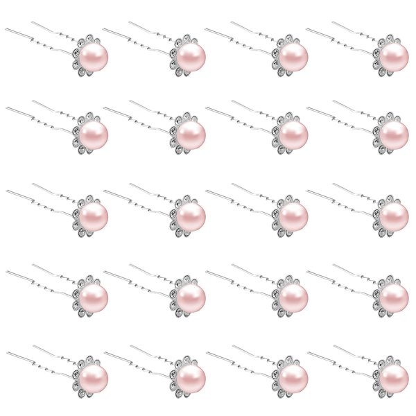 QIUTIMIY 20 Pack (Pink) Pearl Crystal Hair Pins Flower Rhinestone Hair Clips for Bridal Wedding Women Hair Jewelry Accessories, with Clear Container