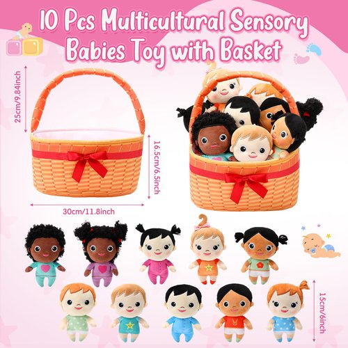 HyDren Basket Plush Baby Dolls, Set of 10 Soft Multicultural Sensory Dolls 6'' Plush Diversity Toys for Preschool Classroom, Valentine's Day Toddler Baby Toys for Kids Girls Boys All Ages
