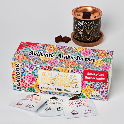 Oud Bakhoor Variety Box & Burner by Dukhni | Arabian Oudh Incense Set with Candle Incense Burner| 20 pcs Arabic bukhoor Incense Bricks, 10 Mixed scents | Islamic, Eid & Ramadan Gifts | Home Fragrance