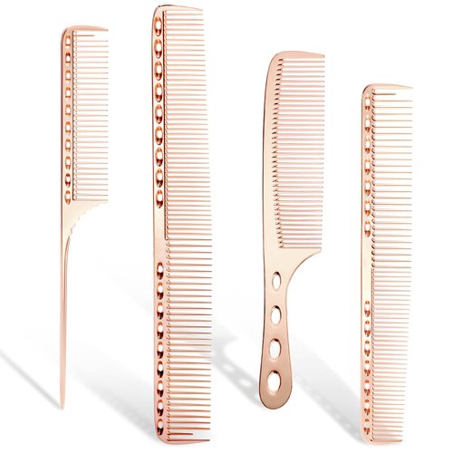 Professional Barber Aluminum Dressing Comb, 4 Types Metal Comb for Cutting Hair Comb for Hair Styling Included Long Hair Cutting Comb, Short Styling Comb, Handle Comb，Tail Comb (Rose Gold)