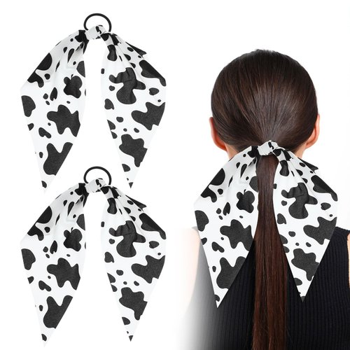 Gjinxi 2PCs Cow Print Hair Band for Women Girls, Cute Animal Print Bandna Bunny Ear Bow, Elastic Bowknot Ponytail Holder Hair Scrunchies Accessories for Curly Straight Thin Thick Fine Hair