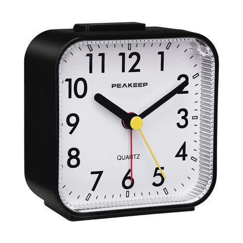 Peakeep Small Battery Operated Analog Travel Alarm Clock Silent No Ticking, Lighted on Demand and Snooze, Beep Sounds, Gentle Wake, Ascending Alarm, Easy Set (Black)