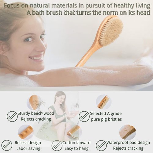Dry Brushing Body Brush -Long Handled Shower Back Brush with Soft and Strong Natural bristles to Break Down Cellulite and Have Smooth Skin, for Skin Massage and Improved Circulation