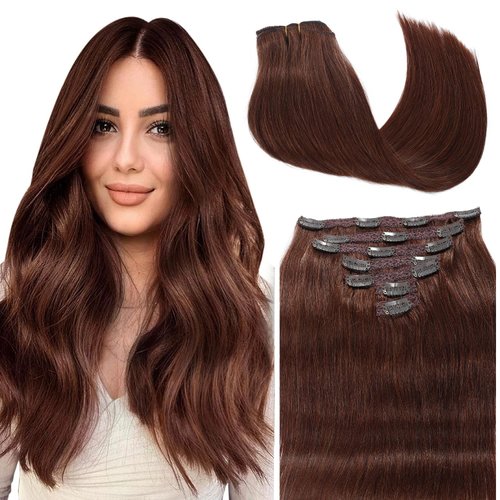 Clip in Hair Extensions Real Human Hair Chocolate Brown Long Stright Layered Hair Extensions 14 inch 7PCS Hair Extension Thick Set Natural Soft Clip in Hair Extensions Human Hair for Women
