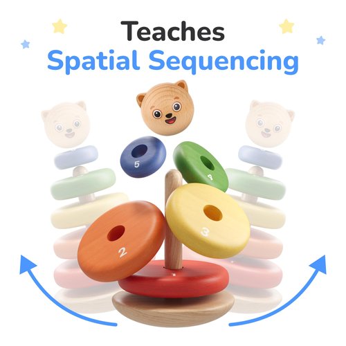 Bimi Boo Wooden Rainbow Stacking Rings for Toddlers - Ring Stacker Baby Toy with Roly-Poly Base - Montessori Early Counting Toy, Size Recognition Learning Activity - Ideal Baby Gift (5 Rings)